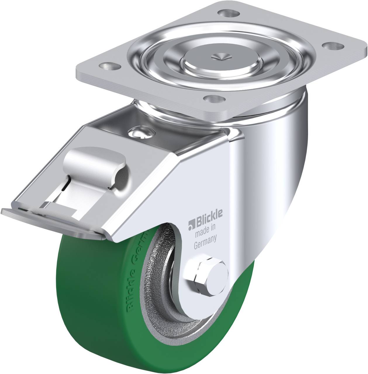 Metallrolle mit grünem Rad und silbernem Gehäuse, etikettiert mit 'Blickle made in Germany', für industrielle Anwendungen.