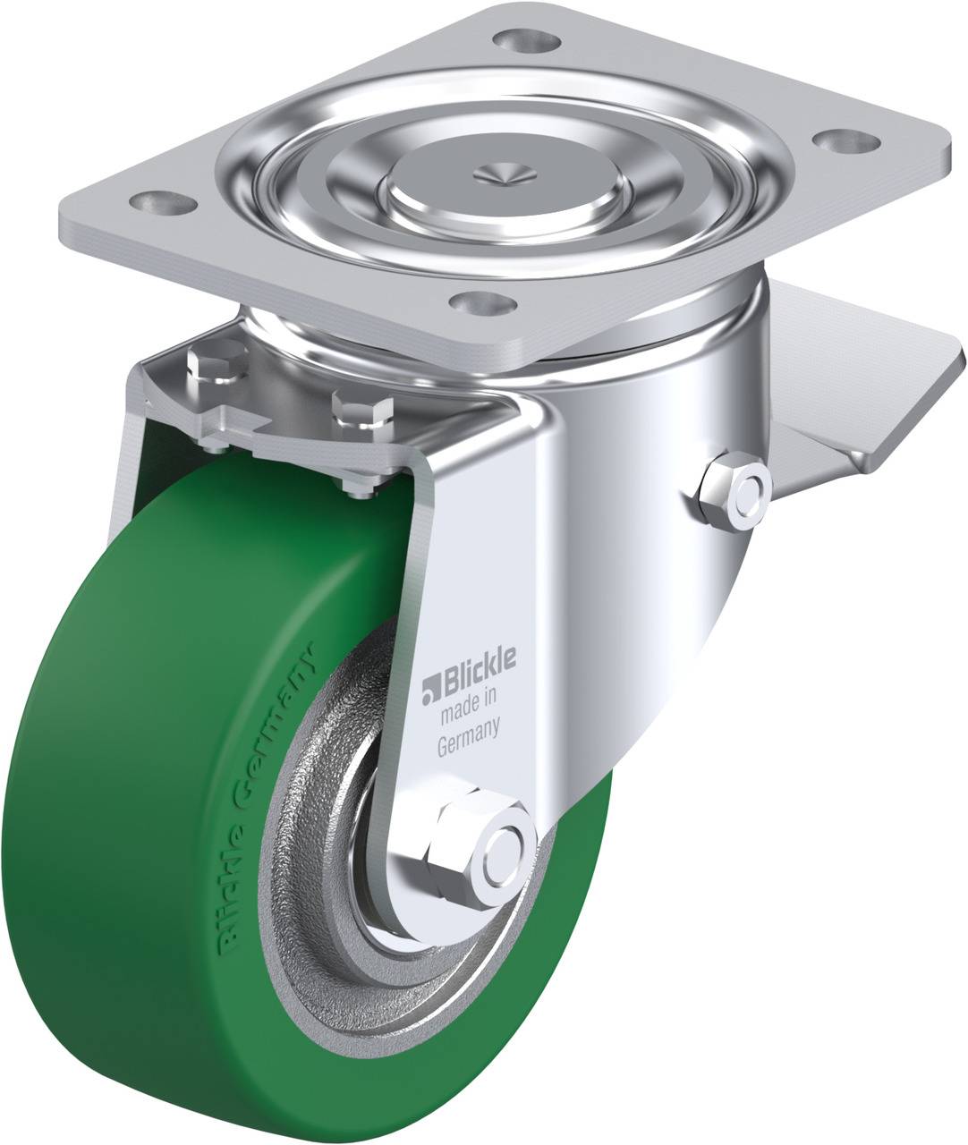 Grüne Vollgummi-Lenkrolle mit Metallgehäuse, silbernem Montageteller und Schriftzug 'Blickle - made in Germany' auf der Seite.