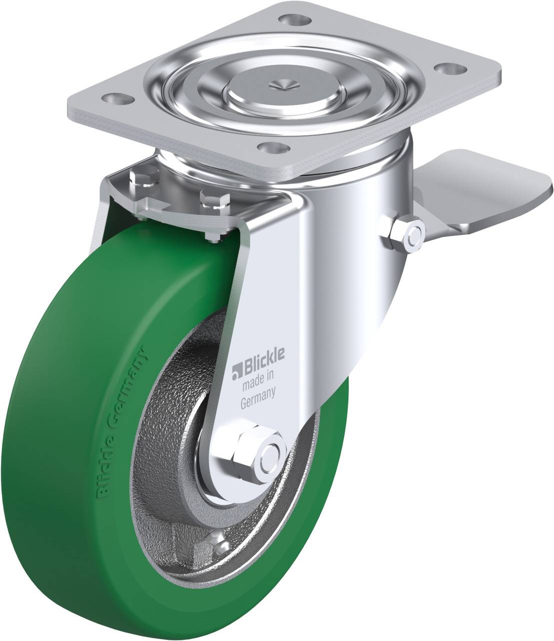 Lenkrolle mit grünem Rad und Metallgehäuse; Aufdruck 'Blickle made in Germany'. Geeignet für industrielle Anwendungen.