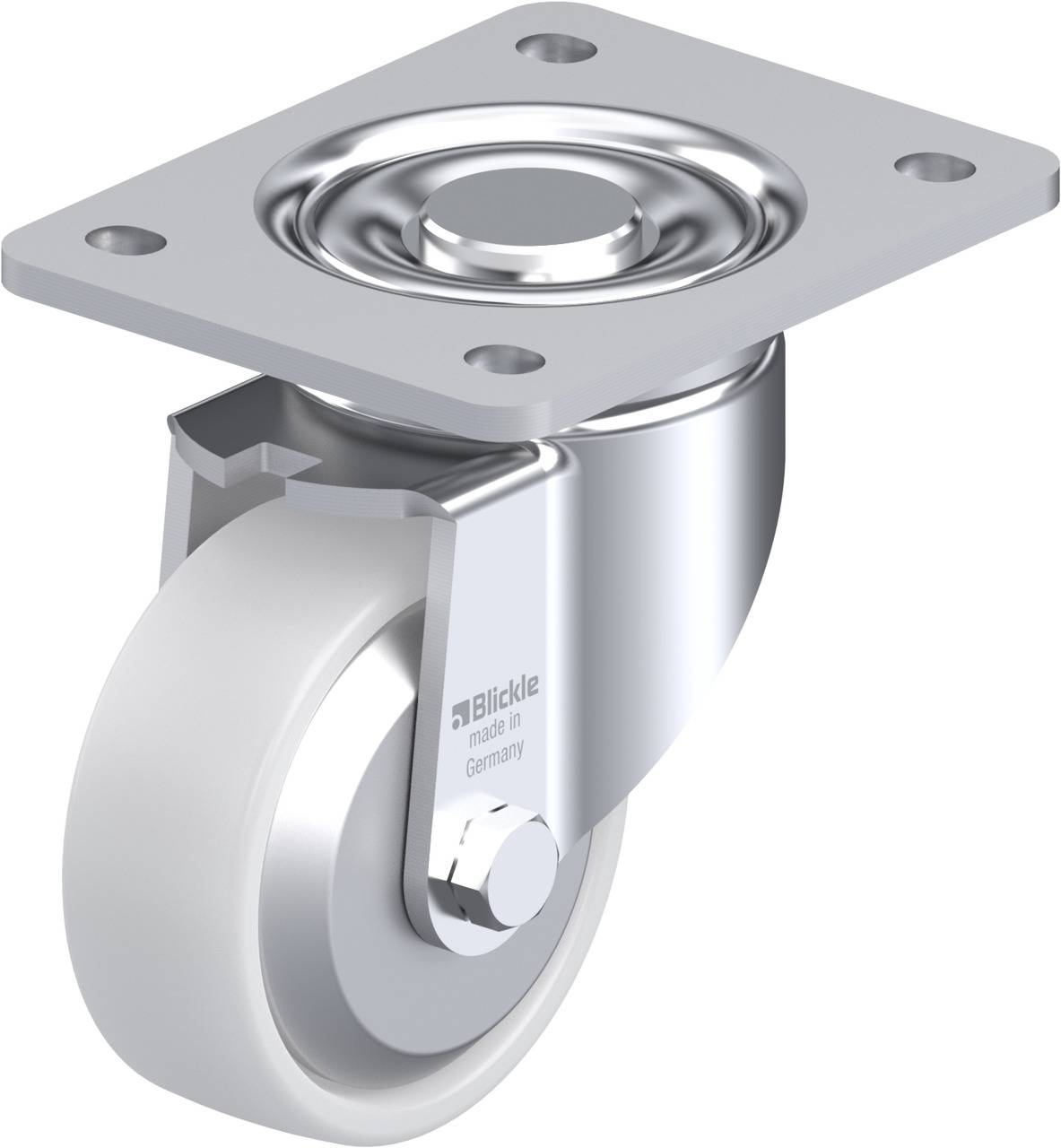 Schwenkrolle aus Metall mit grauem Rad, rechteckiger Metallplatte zur Befestigung, geeignet für Möbel oder Geräte, Aufschrift 'Blickle'.