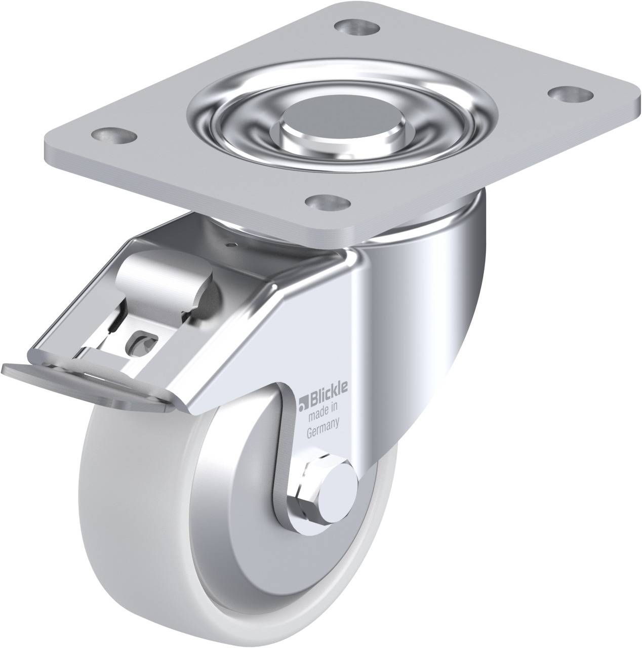 Metallisches Lenkrolle mit Befestigungsplatte, gebremst. Weiße Radverkleidung, glänzende Oberfläche. Geeignet für Möbel oder Geräte.