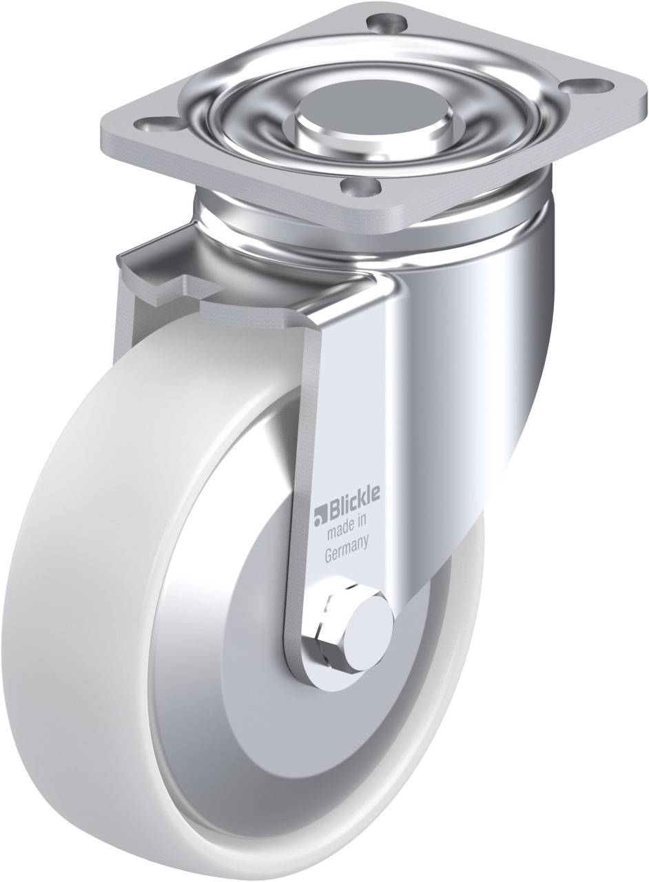Eine glänzende Metallrolle mit einem weißen Rad und einem Befestigungsplatte, auf der 'Blickle made in Germany' steht.