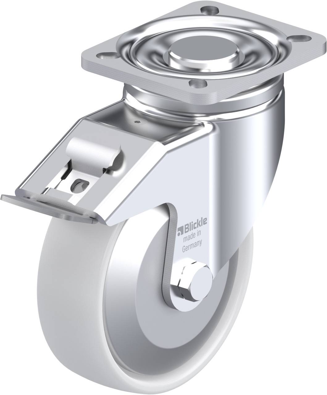 Ein robustes, silberfarbenes Laufrollenrad mit einer Befestigungsplatte, geeignet für Möbel oder Gerätebewegung.