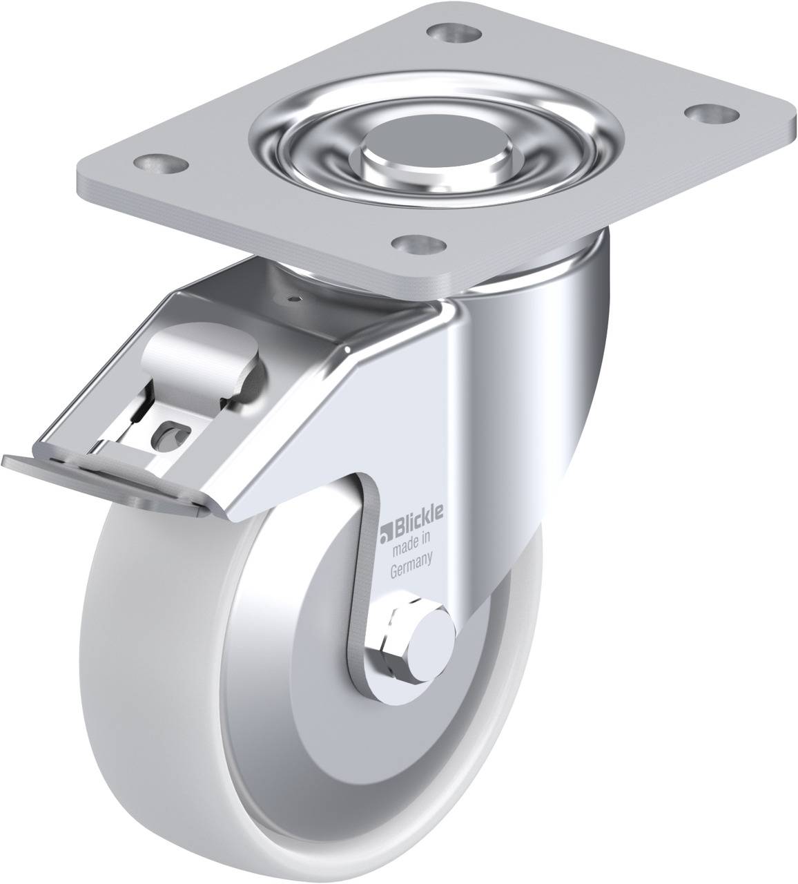 Ein silberfarbenes Lenkrollen-Rad mit rechteckiger Montageplatte und Bremse. Das Rad ist aus Gummi und in einem modernem Industrie-Design.