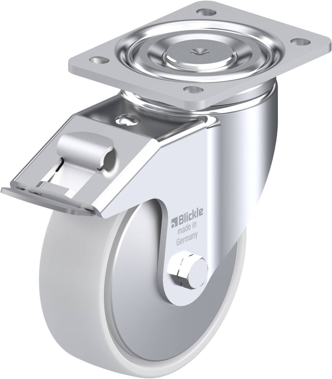 Schwenkrolle mit grauem Rad und silberglänzendem Gehäuse, gebrandet mit 'Blickle made in Germany', zeigt Detail der Befestigung.