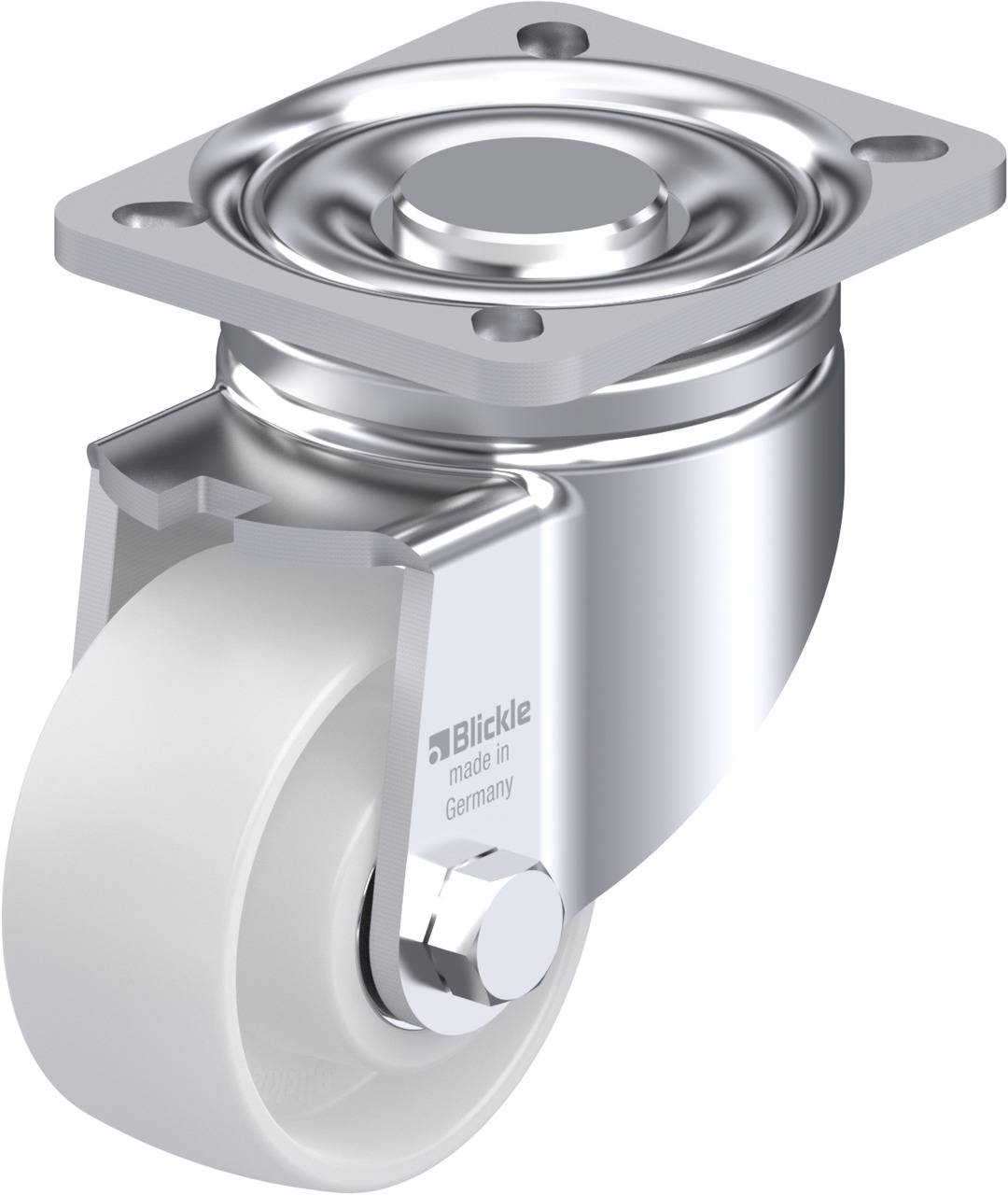 Metallene Lenkrolle mit weißem Rad und Platte, hergestellt in Deutschland von 'Blickle'. Ideal für Industrieanwendungen.