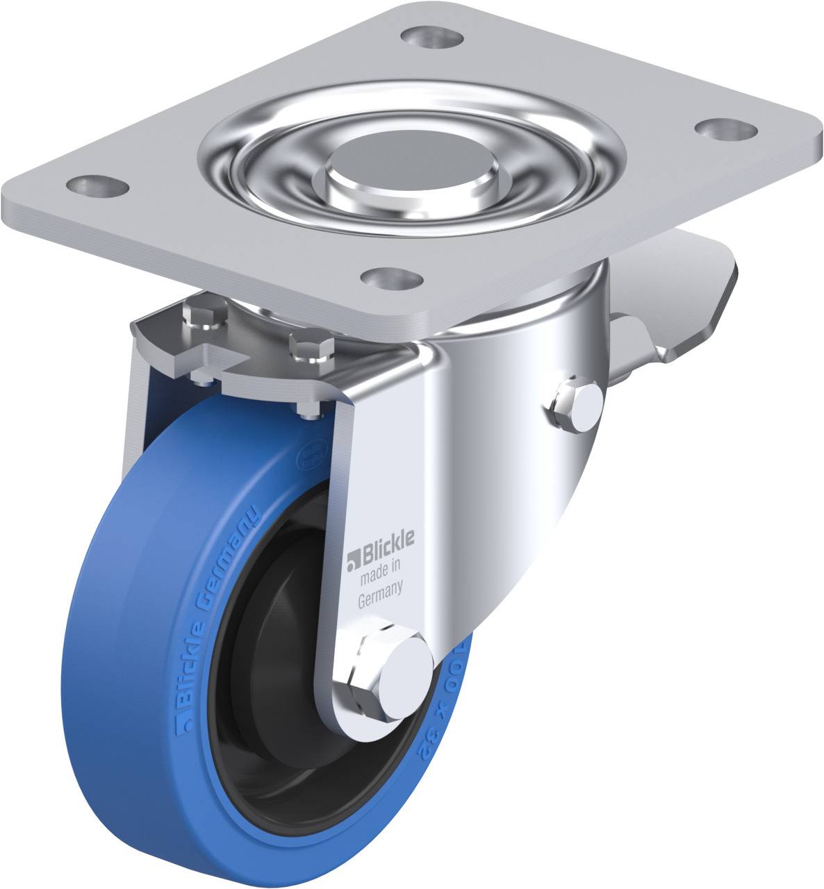 Schwenkrolle mit blauer, gummierter Lauffläche, montiert an einer Metallplatte, geeignet für Transportwagen oder Möbel.