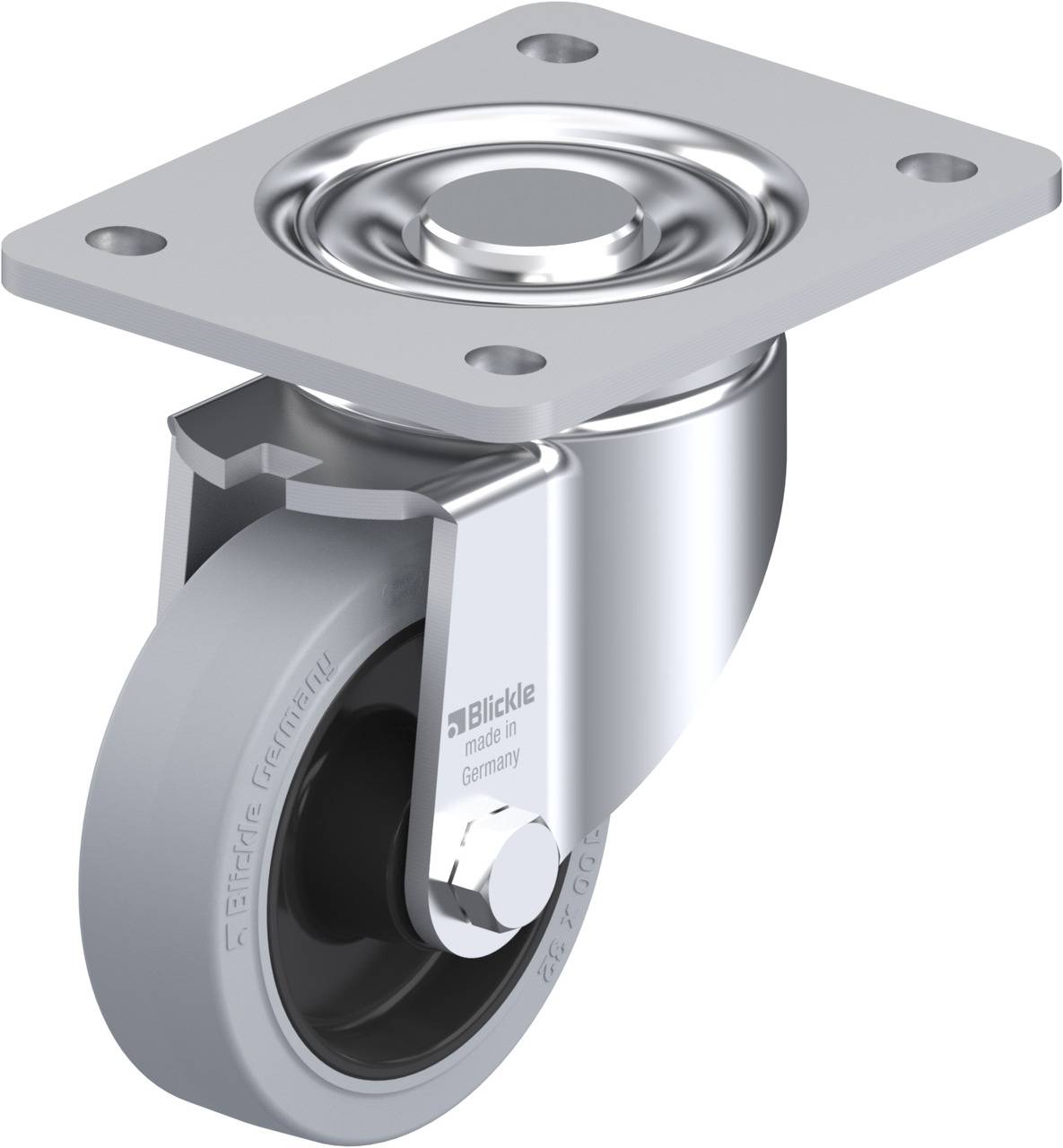 Metallische Lenkrolle mit grauer Gummibereifung, geeignet für den Einsatz an Möbeln oder Geräten zur leichten Bewegung auf Böden.