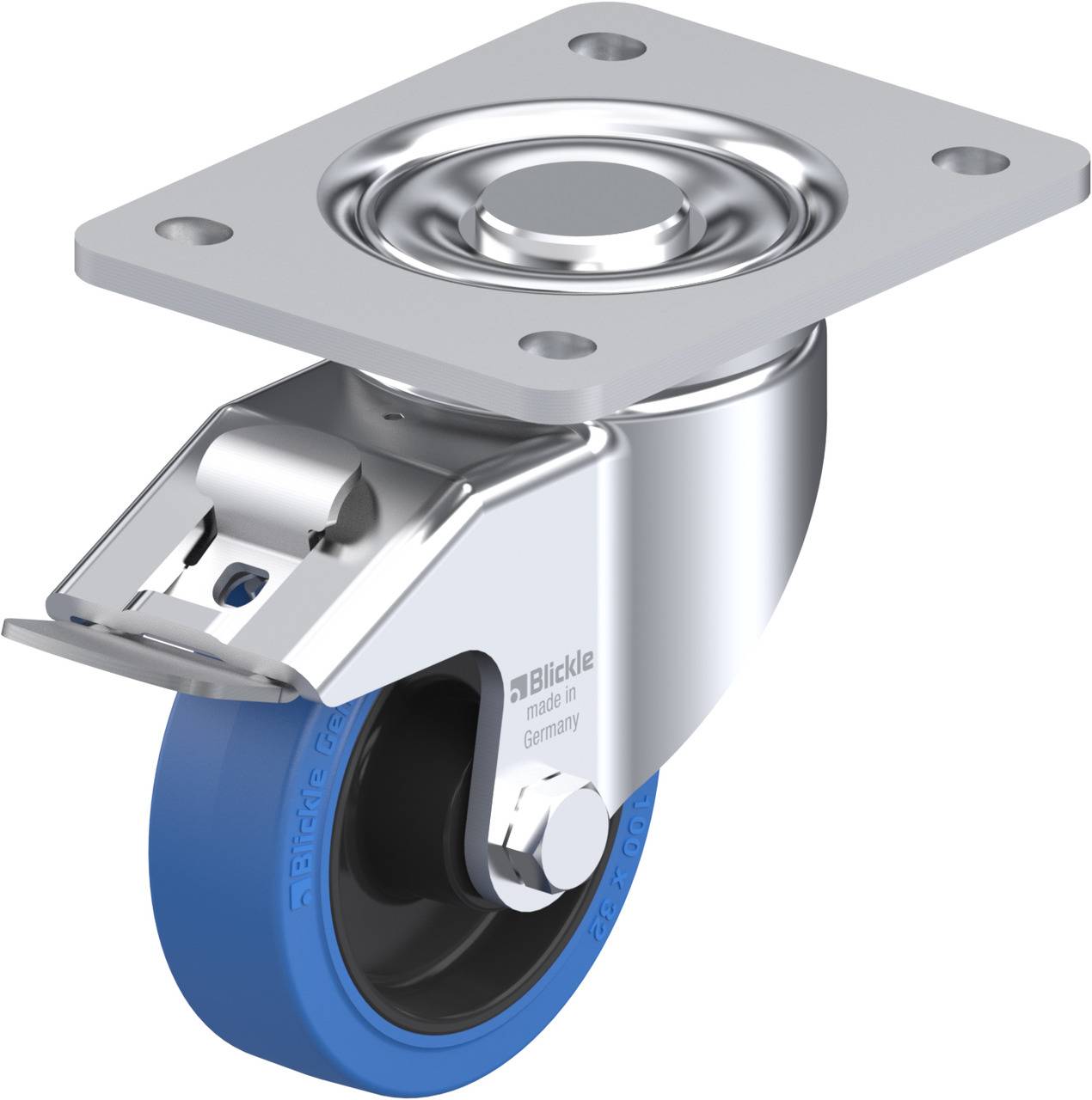 Blau-graues Möbel-Lenkrolle mit Metallplatte zur Befestigung. Sie ermöglicht 360-Grad-Drehung für flexible Beweglichkeit von Möbeln.