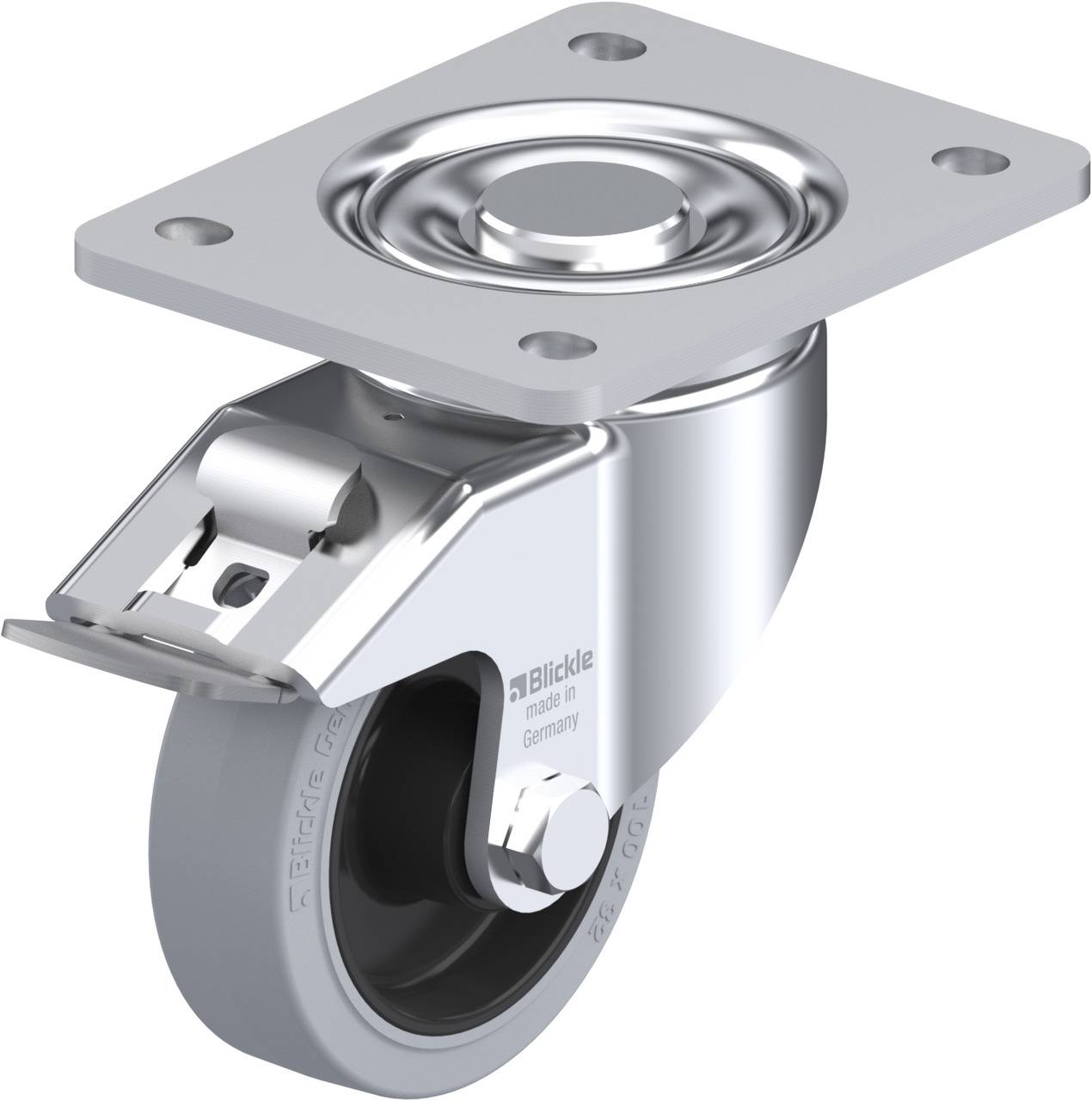 Schwenkrolle aus Metall mit grauem Rad und Befestigungsplatte. Das Rad hat eine gebremste Halterung und wird von der Marke 'Blickle' hergestellt.