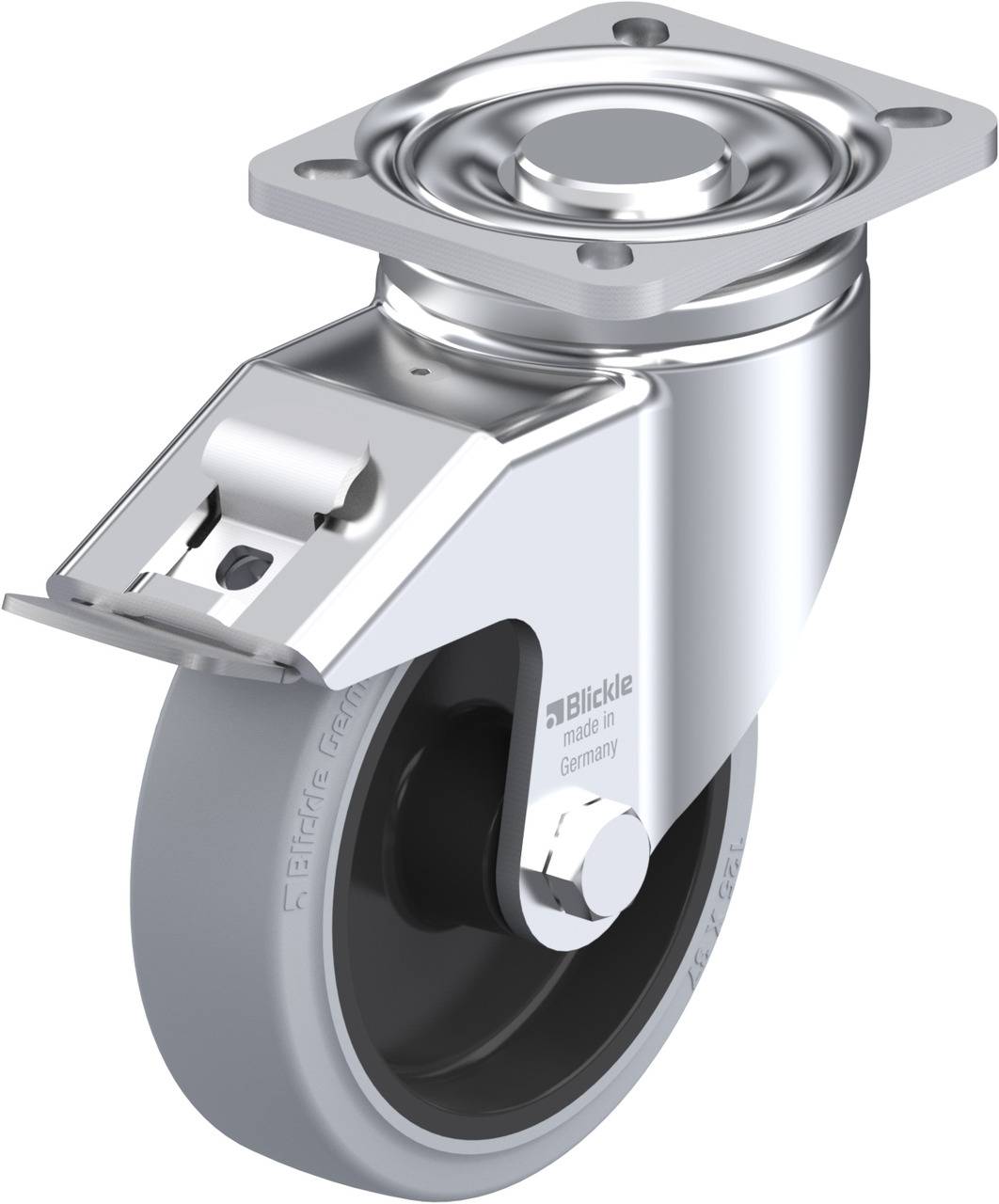 Metallisches Lenkrolle aus Edelstahl mit grauem Rad. Oben eine Montageplatte, geeignet für Möbel oder Wagen.