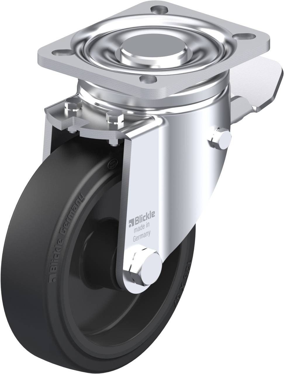 Industrie-Lenkrolle aus Metall mit schwarzem Rad, geeignet für schwere Lasten. Markiert mit 'Blickle'.