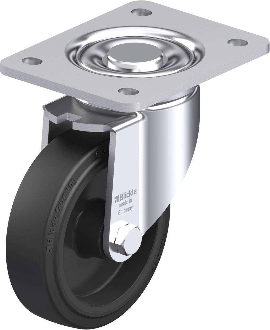 Eine drehbare Rolle mit grauem Rad und silberner Halterung, ideal für Möbel oder Transportgeräte. Markenname auf der Halterung sichtbar.