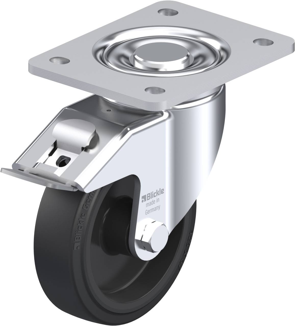 Metallisches Lenkrollenrad mit schwarzem Rad und glänzend silbernem Gehäuse, montiert auf einer rechteckigen Befestigungsplatte.