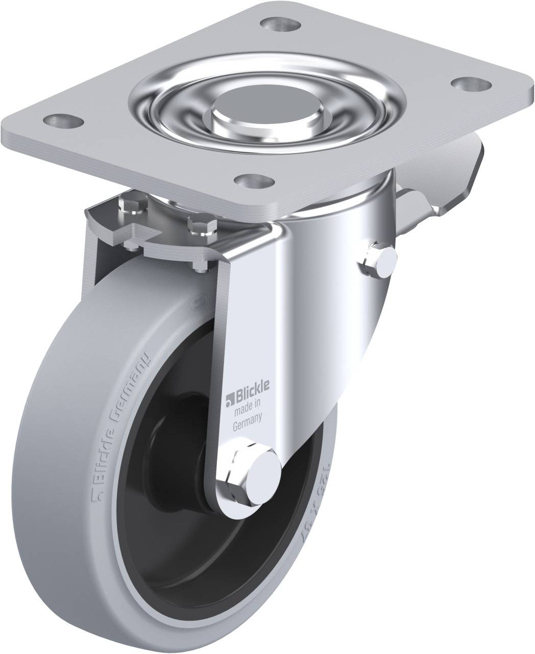 Metallenes Lenkrollenrad mit grauem Gummireifen und quadratischer Montageplatte; geeignet für schwere Lasten und einfache Beweglichkeit.