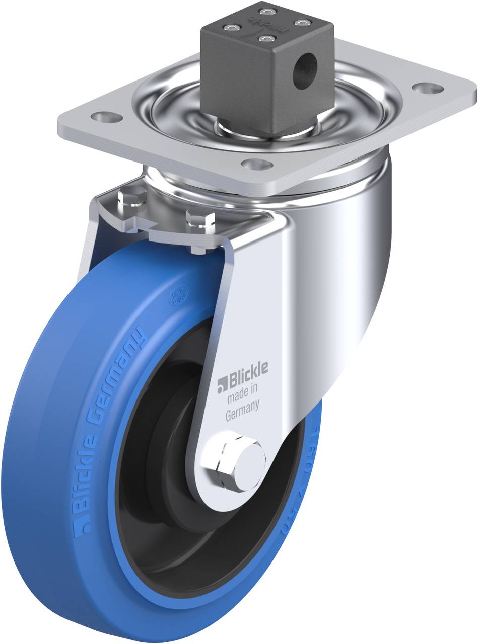 Schwenkrolle mit blauer Gummibereifung und silbernem Gehäuse, montiert auf einem Flansch. Geeignet für leichte bis mittelschwere Lasten.