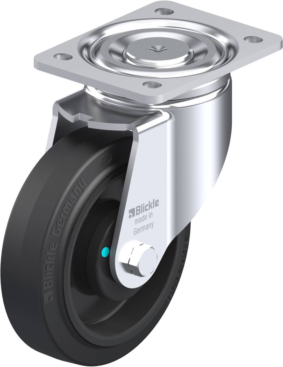 Industrie-Schwenkrolle mit schwarzem Rad und silbernem Gehäuse. Text auf Rolle: 'Blickle', 'Made in Germany'.