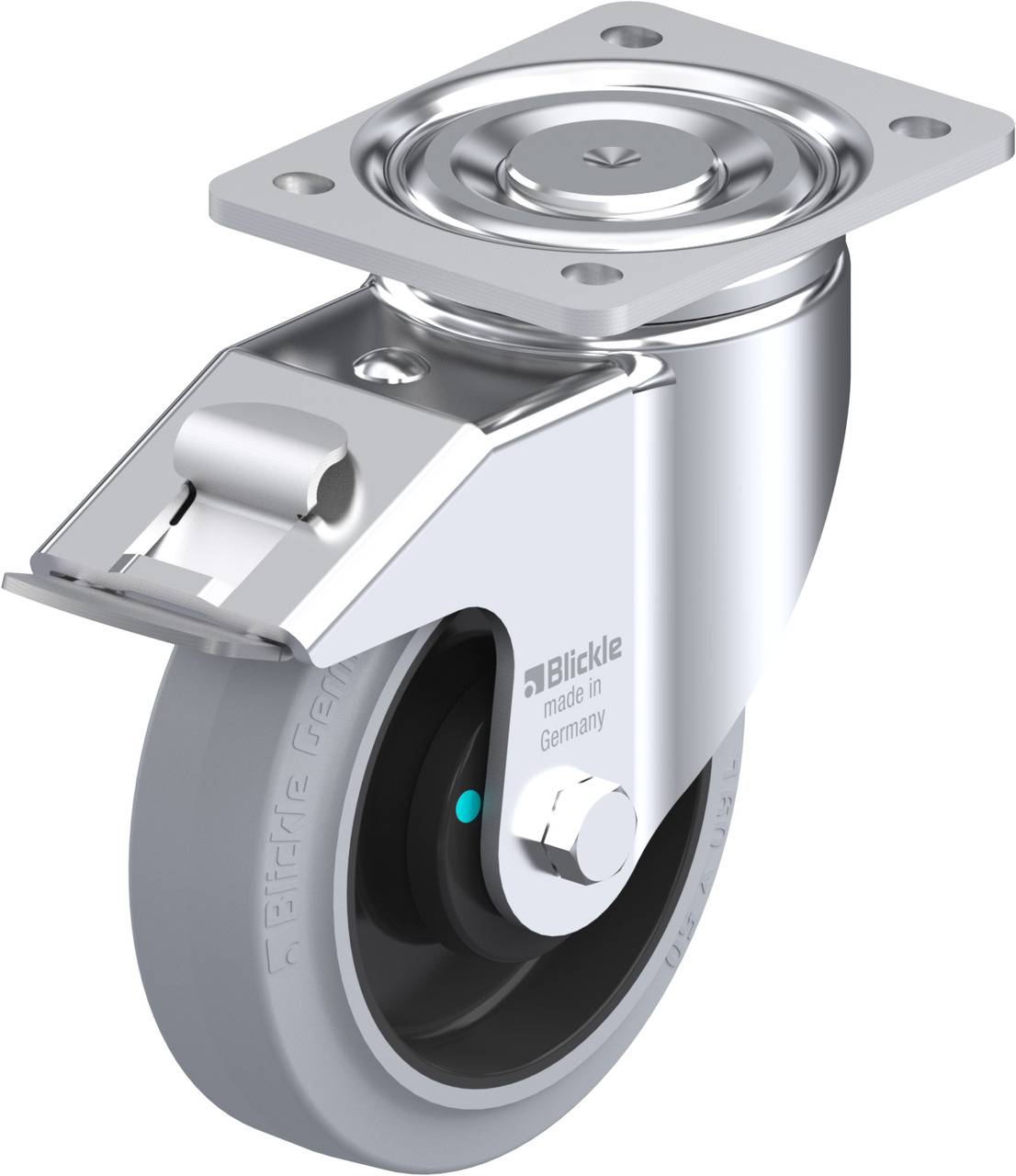 Eine silberne Lenkrolle mit einer grauen Gummiradoberfläche, geeignet für schwere Lasten. Sie besitzt eine Befestigungsplatte oben.