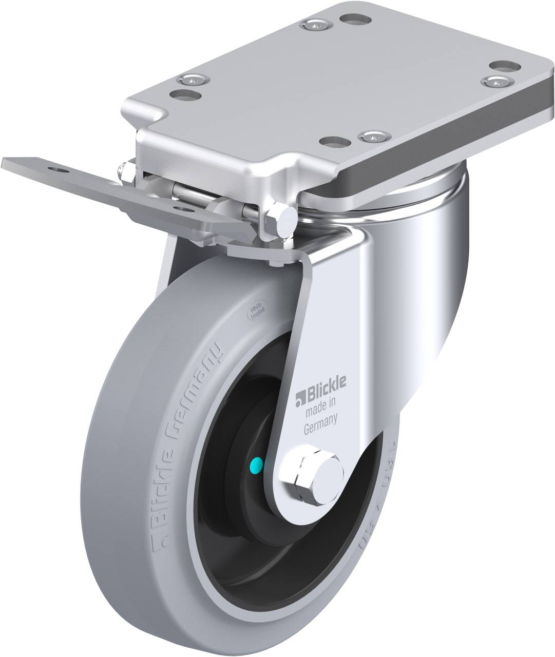Schwenkrolle aus Edelstahl mit grauer Gummibereifung und Befestigungsplatte, geeignet für industrielle Anwendungen.