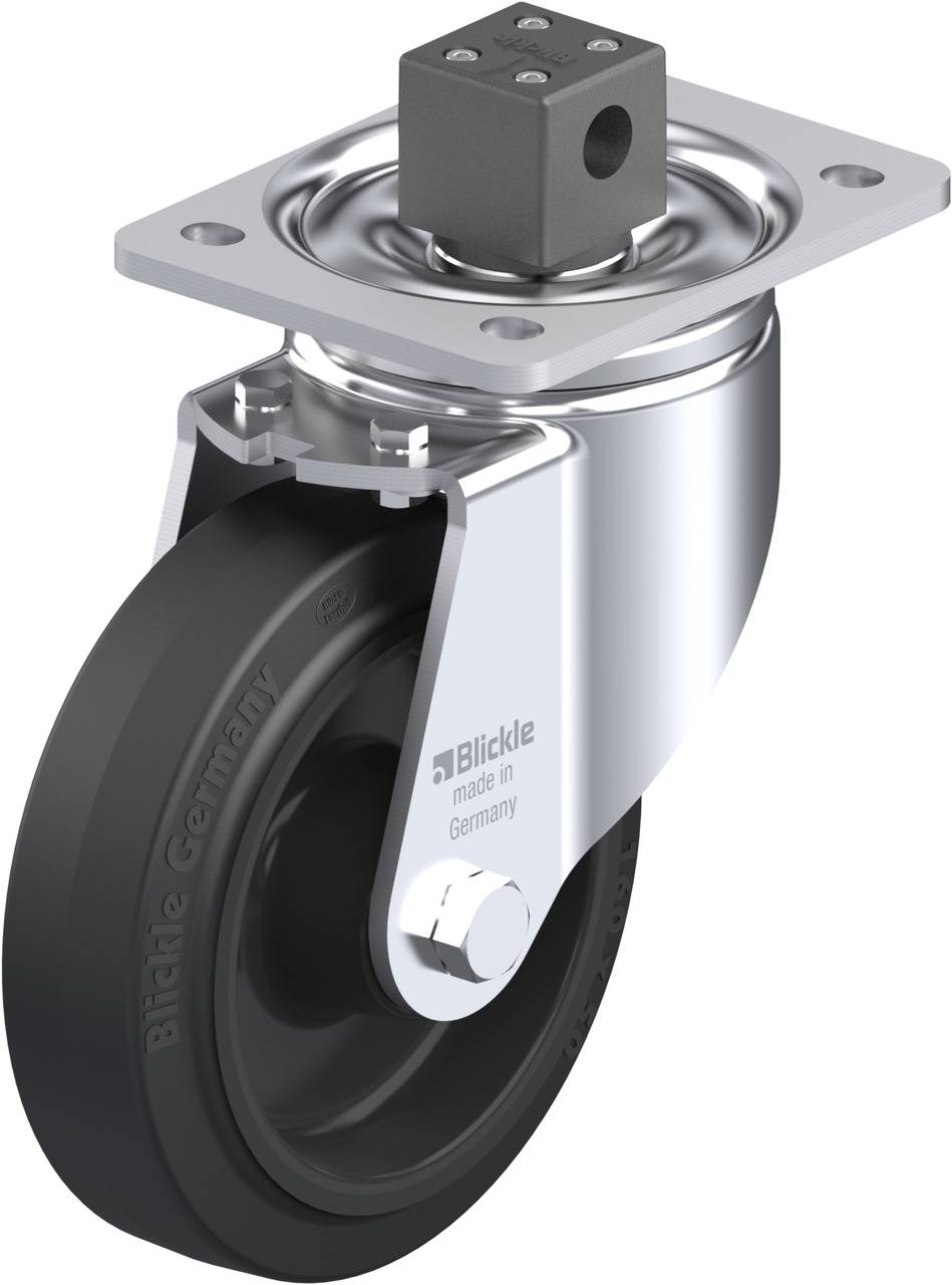 Industrie-Gelenkrolle aus Metall mit schwarzem Rad, montiert auf einer rechteckigen Platte. Hergestellt in Deutschland.