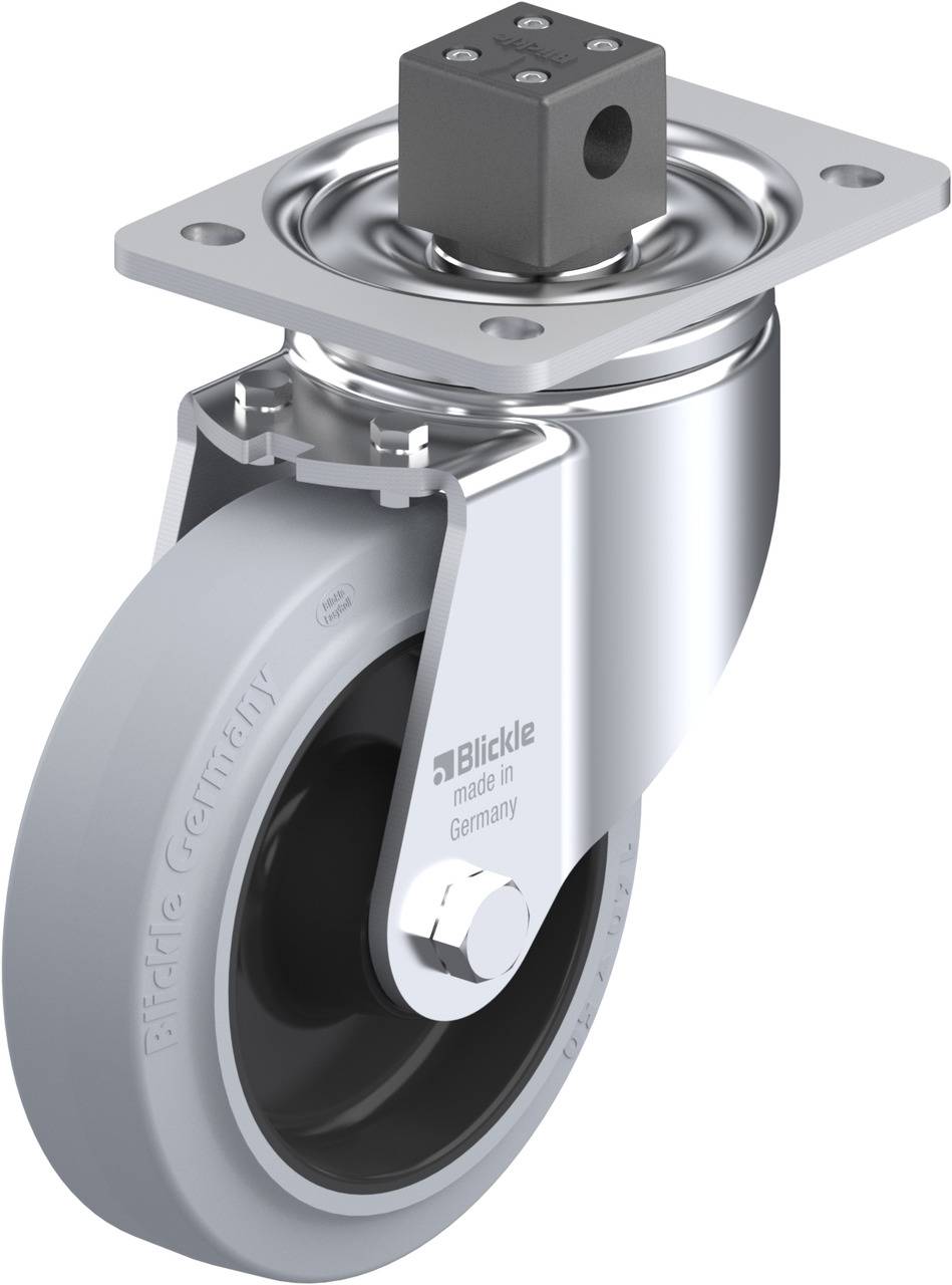 Lenkrolle mit grauem Gummirad, silbernem Gehäuse und viereckiger Platte, Aufschrift 'Blickle made in Germany' sichtbar.