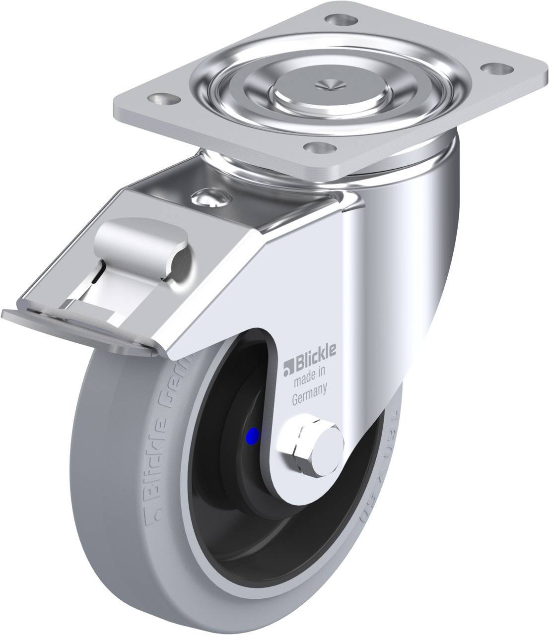 Metallrad mit grauer Gummirolle und Befestigungsplatte, geeignet für industrielle Anwendungen. Aufschrift: 'Blickle made in Germany'.