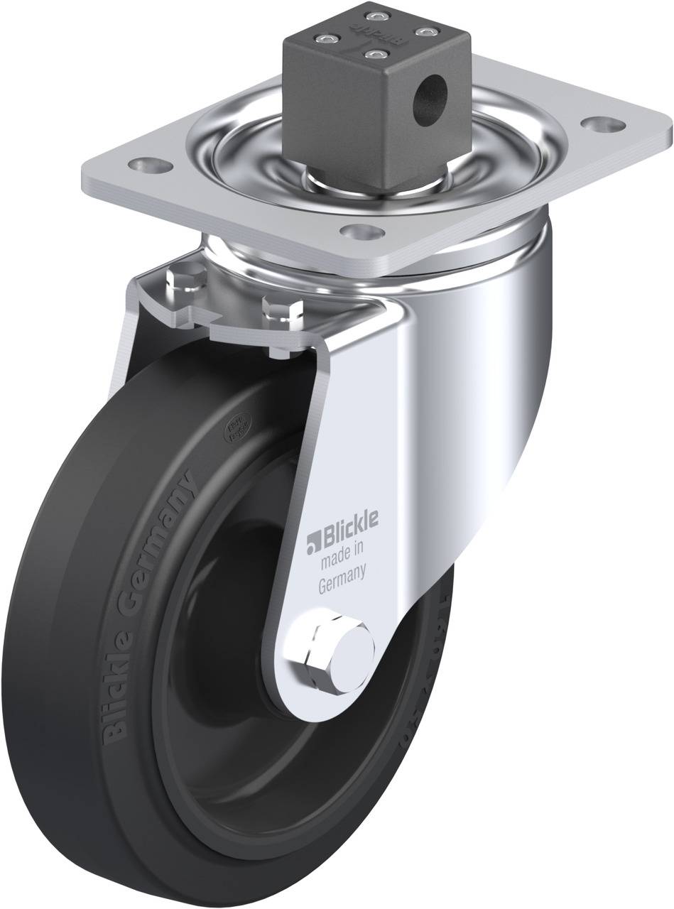 Drehbares Laufrollenrad aus Metall und Gummi, mit Halterung, geeignet für schwere Lasten, Aufdruck: Blickle, Made in Germany.