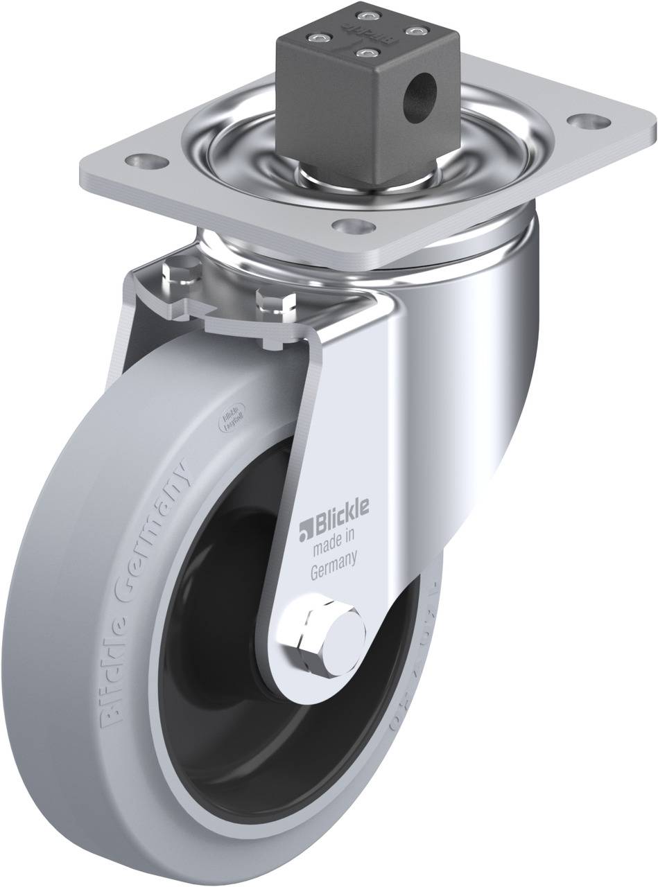 Schwenkrolle mit grauem Rad, montiert an einer Metallplatte. Geeignet für industrielle Anwendungen. Hergestellt in Deutschland.