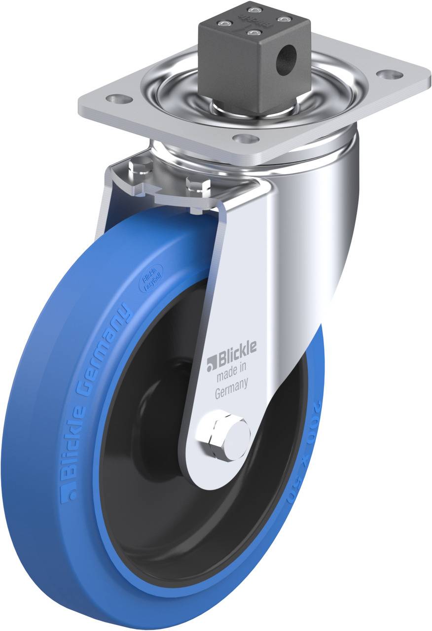 Das Bild zeigt ein blau-schwarzes Industrielenkrolle-Rad mit Metallgehäuse und Befestigungsplatte. Aufschrift: 'Blickle made in Germany'.