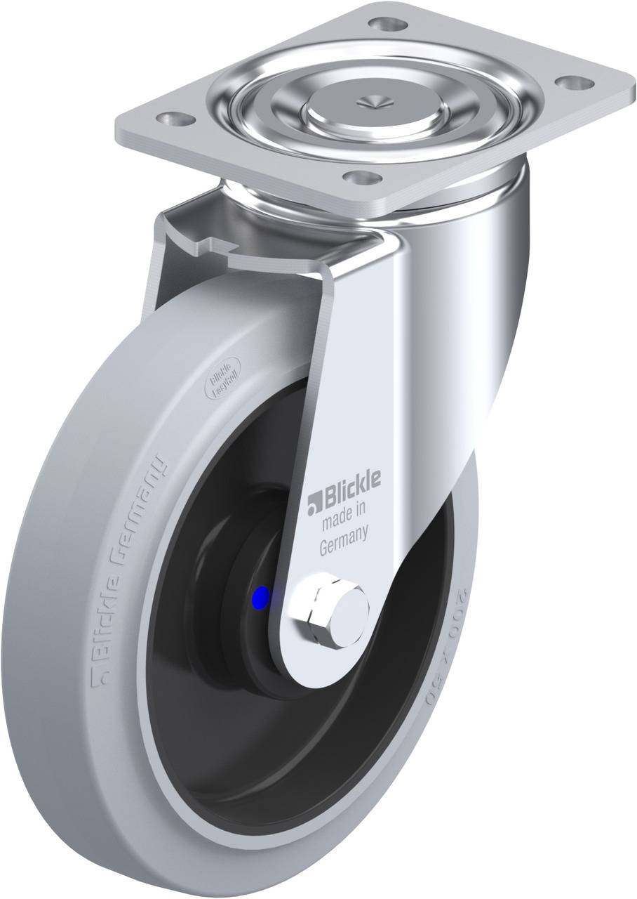 Schwenkrolle aus Metall mit grauem Gummi und Befestigungsplatte. Aufschrift 'Blickle made in Germany'. Entworfen für einfache Mobilität.