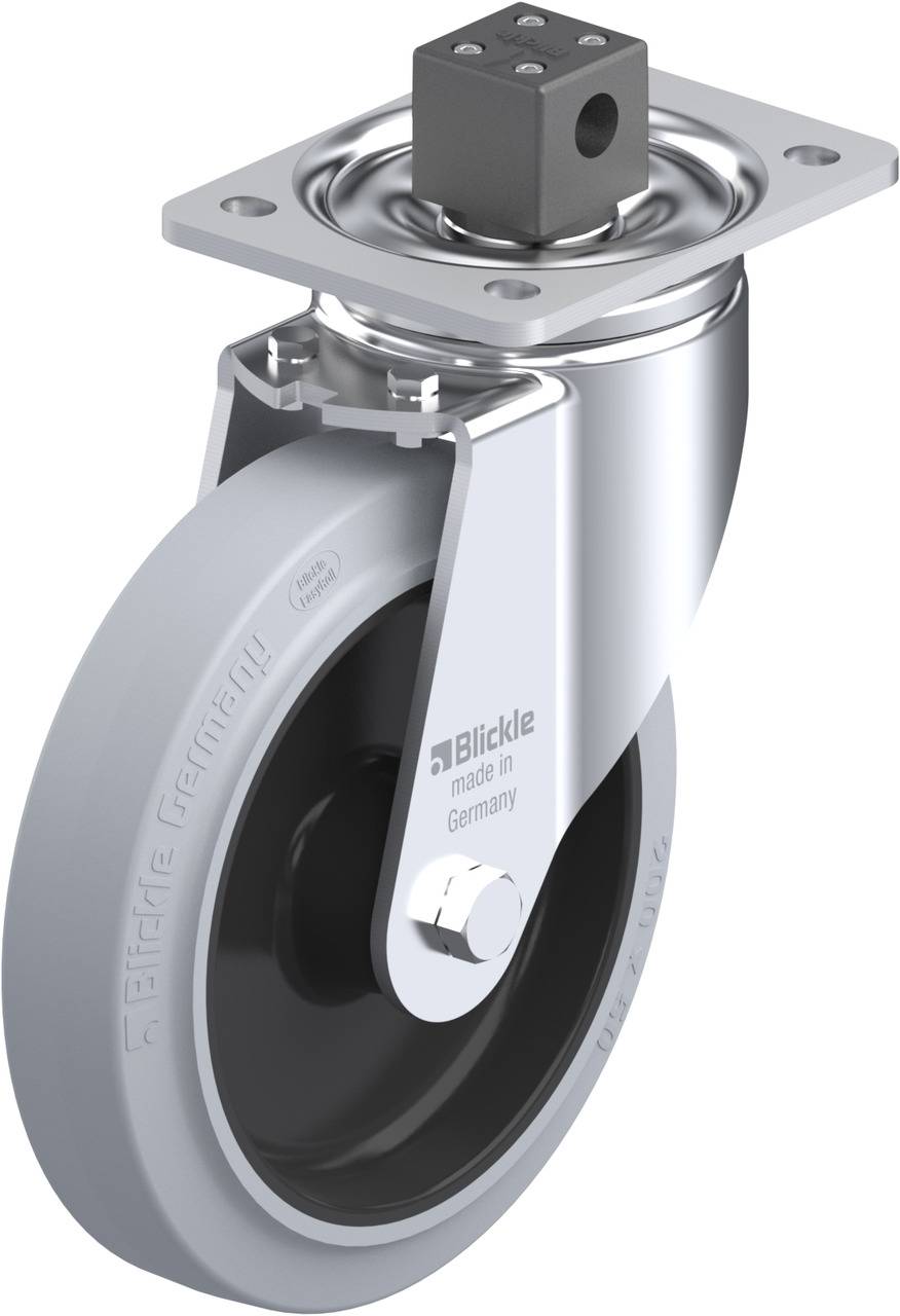 Drehbares Industrie-Lenkrollenrad mit Halterung, silberglänzend, Beschriftung 'Blickle made in Germany' auf der Seite.