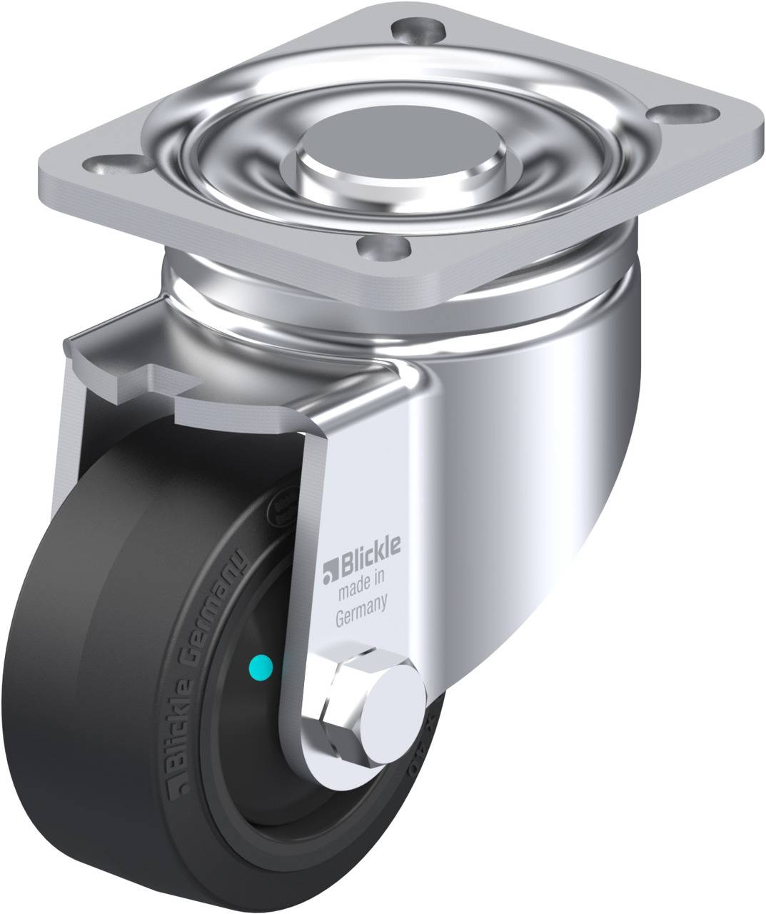 Schwenkrolle aus Metall mit schwarzem Rad, Montageplatte oben, geeignet für Transportwägen oder Möbel in industriellen Anwendungen.