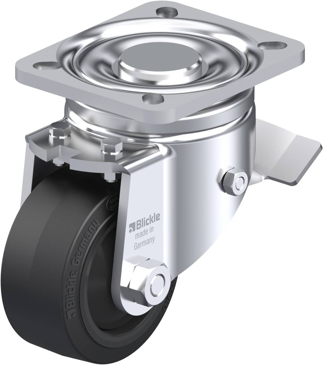 Drehbares Transport- oder Möbelrad aus Metall und Gummi mit Befestigungsplatte, geeignet für industrielle Anwendungen.