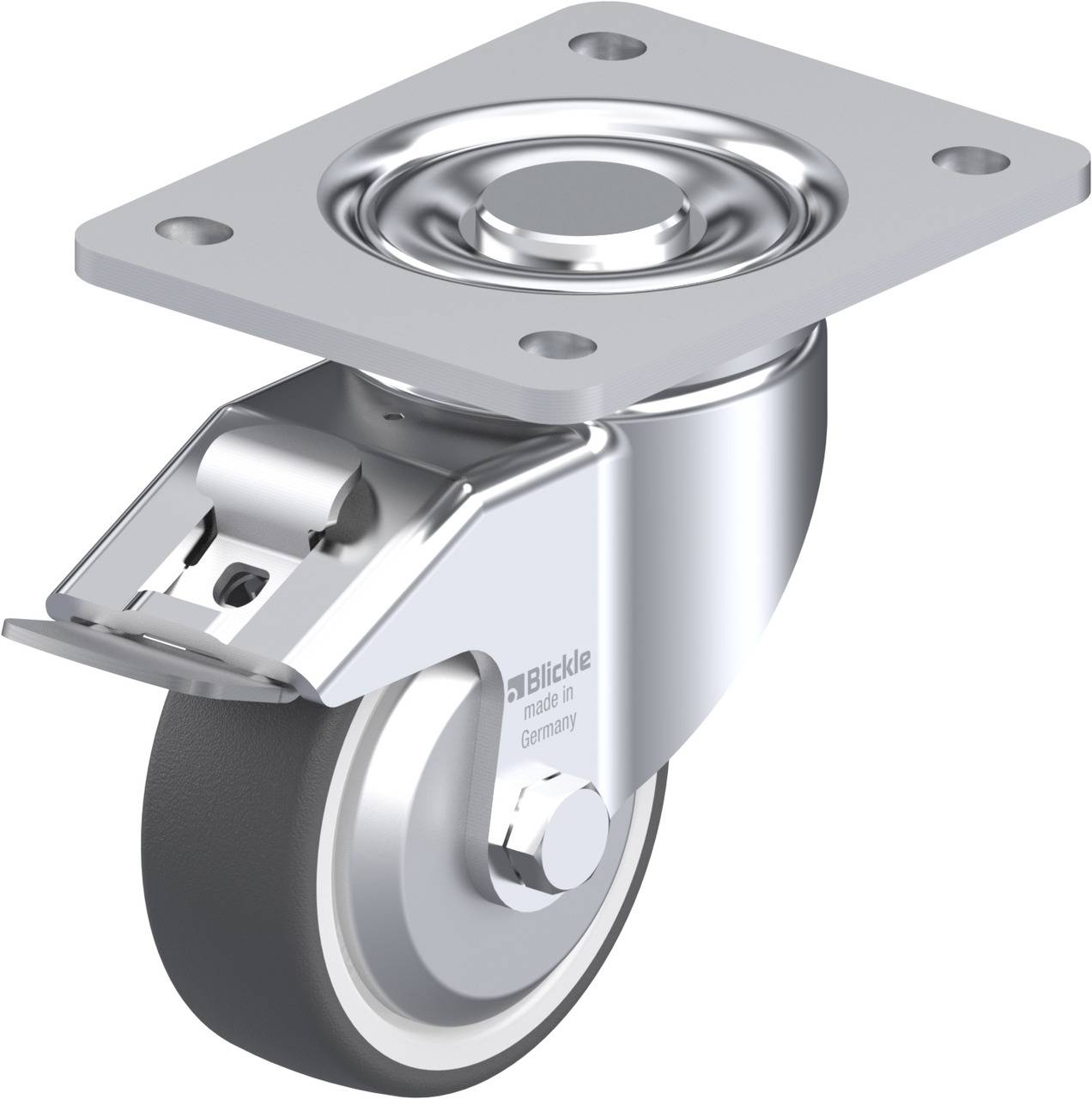 Metallisches Lenkrollenrad mit grauem Rad und Montageplatte. Geeignet für Möbel oder Geräte, um leichte Bewegungen zu ermöglichen.