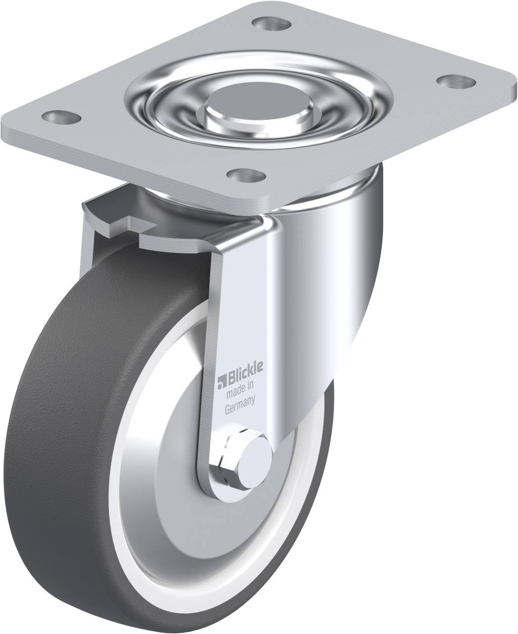 Industrie-Lenkrolle aus Metall mit schwarzem Rad und Befestigungsplatte, Hauptprodukt von Blickle, 'Made in Germany'.