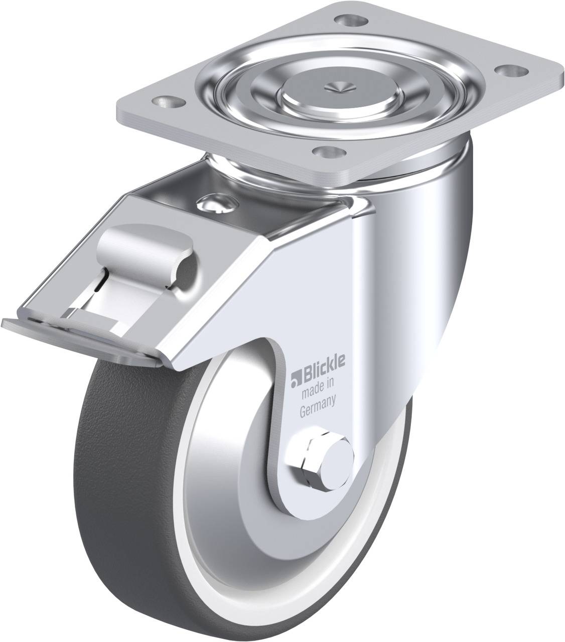 Industrie-Rollenrad aus Metall mit schwarzem Kunststoffreifen und Drehgelenk, geeignet für schwere Lasten. Markierung: 'Blickle made in Germany'.