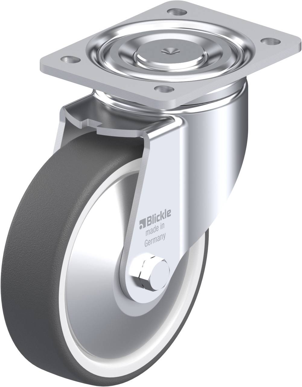 Metallisches Lenkrollenrad mit grauem Gummi, montierbarer Platte oben. Aufschrift 'Blickle made in Germany'.