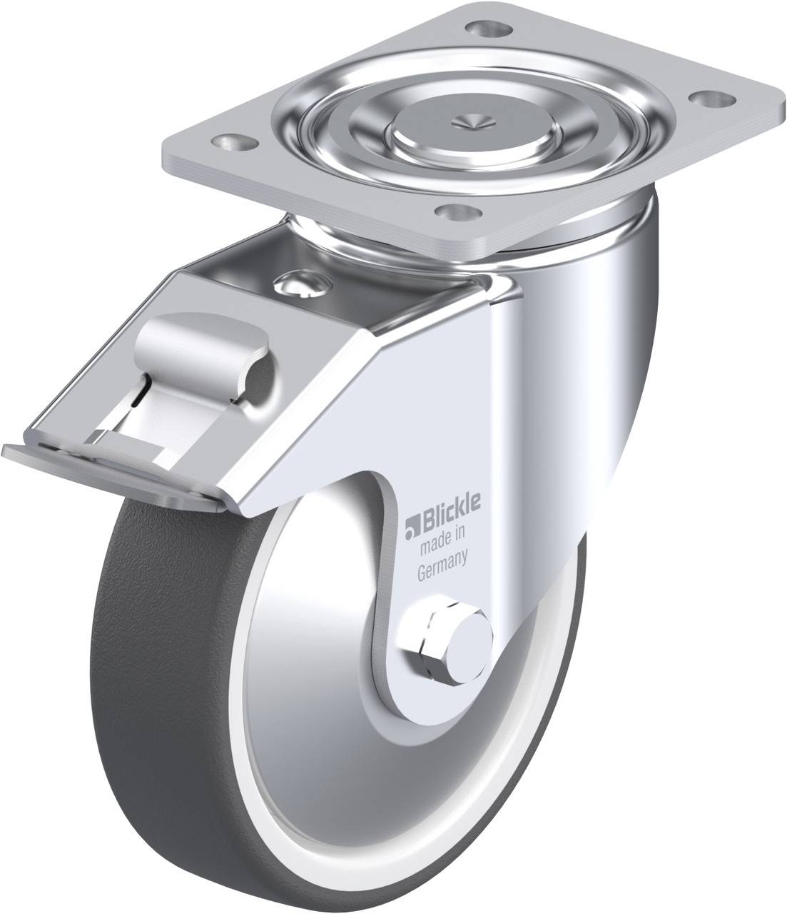 Metallrolle mit schwarzem Rad und rechteckiger Befestigungsplatte. Ein Schwenklager zur Bewegungserleichterung.