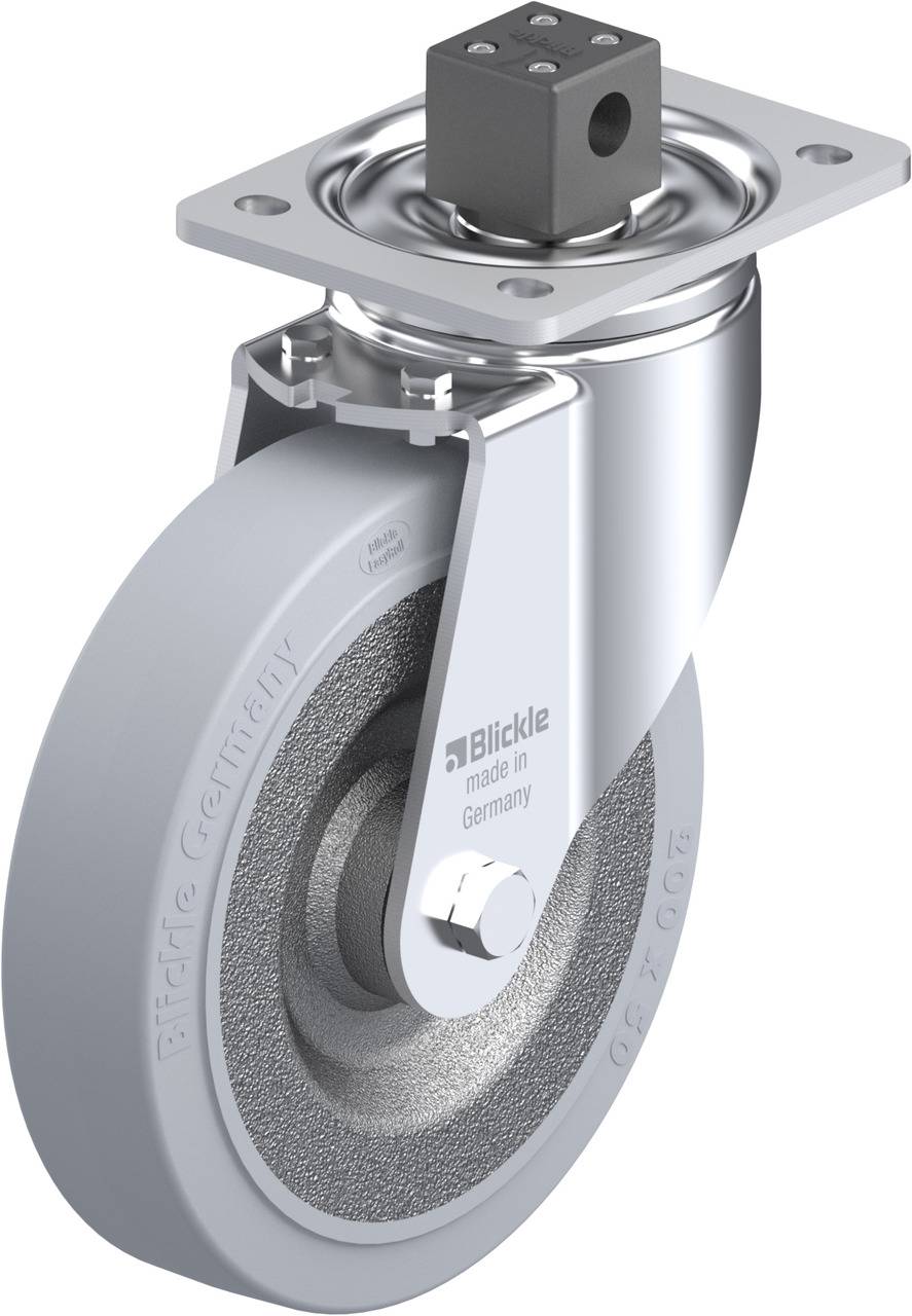 'Grau-weiße Lenkrolle mit Metallgehäuse und Befestigungsplatte; Aufschrift: 'Blickle made in Germany'.'