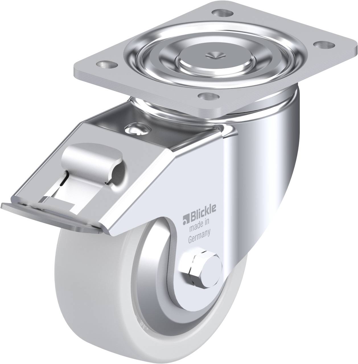 Ein silbernes Schwerlastrad mit grauem Rad und Metallhalterung, geeignet für den industriellen Gebrauch. Aufschrift: 'Blickle made in Germany'.