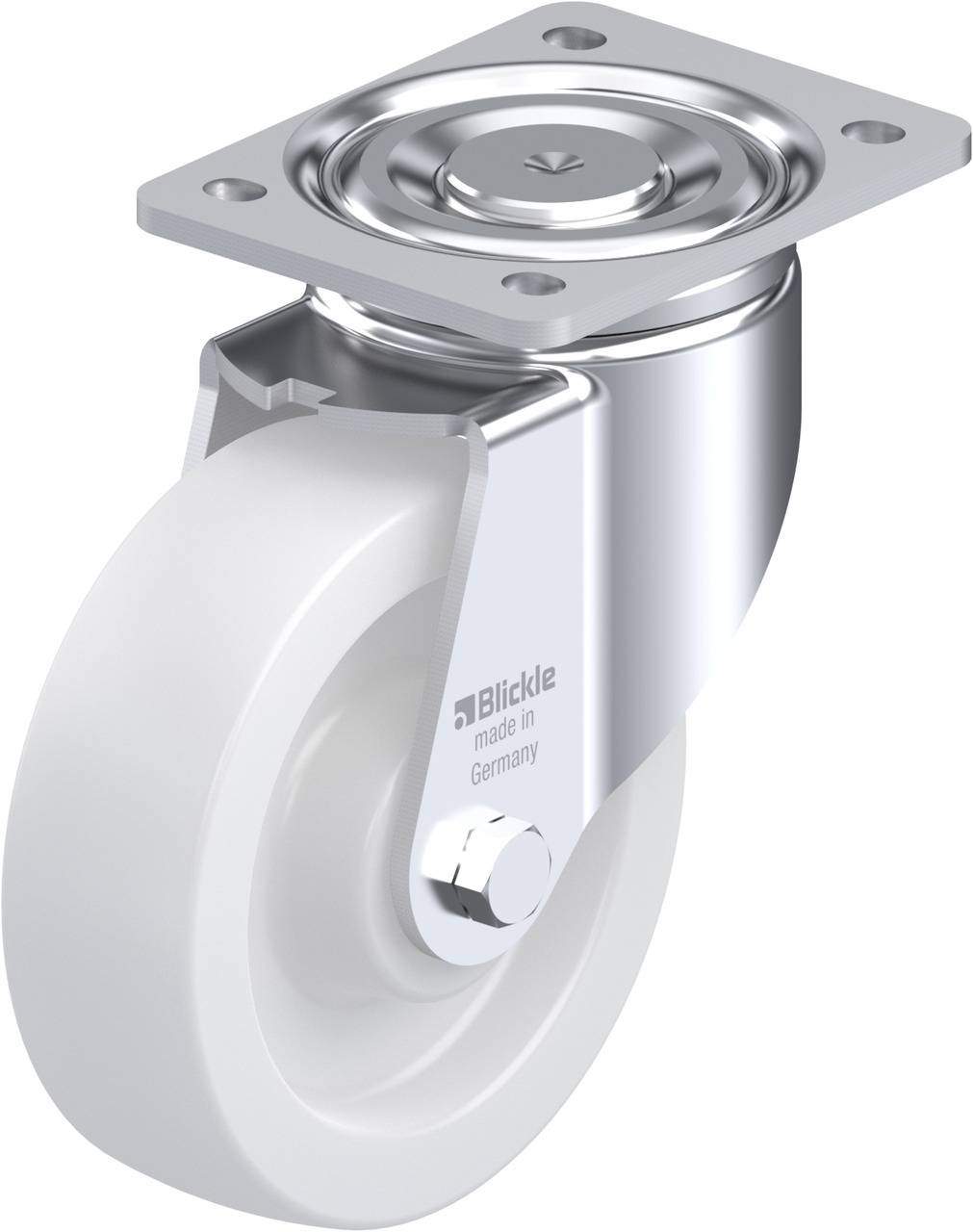 Drehbares Lenkrolle aus Metall mit weißem Rad und rechteckiger Montageplatte. Geeignet für Möbel oder Gerätebewegung.