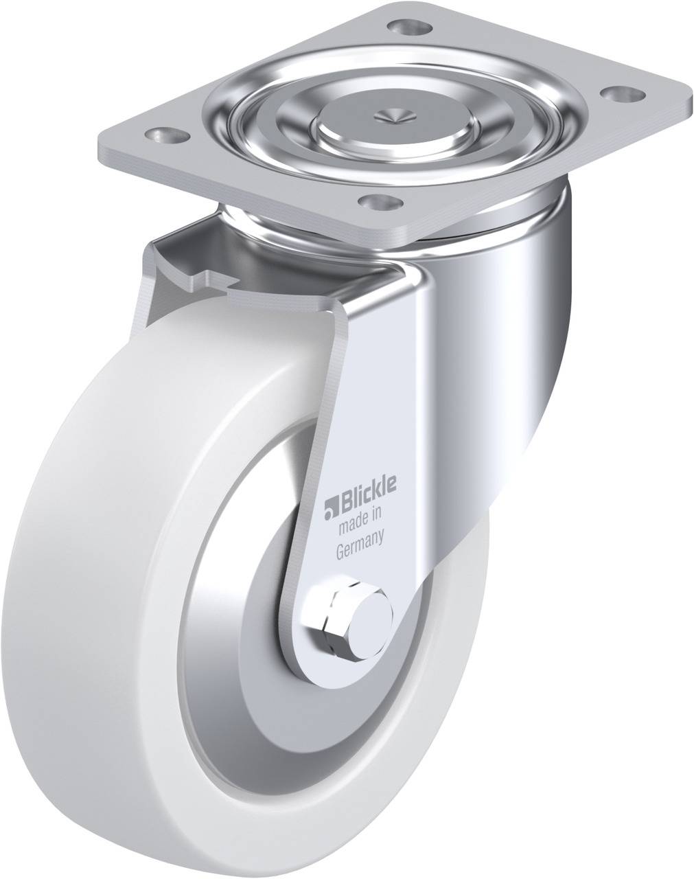 Metallrad mit weißem Gummi und einer Montageplatte, hergestellt in Deutschland. Hauptsächlich genutzt für industrielle Schränke oder Wagen.