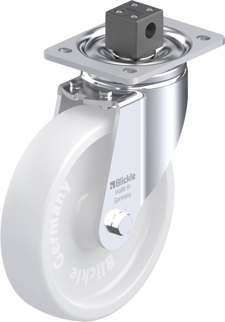 'Metallenes Lenkrollenrad mit weißem Gummireifen, von Marke Blickle, Aufschrift 'made in Germany', geeignet für Transportwagen.'