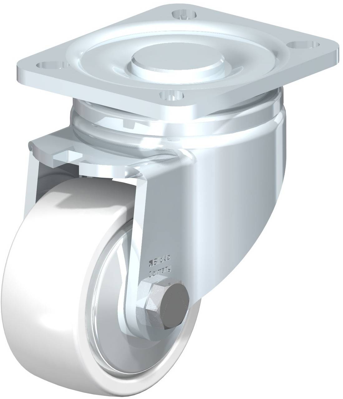 Industrie-Rollenlager aus Metall mit weißem Rad, montiert auf einer Metallplatte, geeignet für Transportgeräte und Maschinenbewegung.