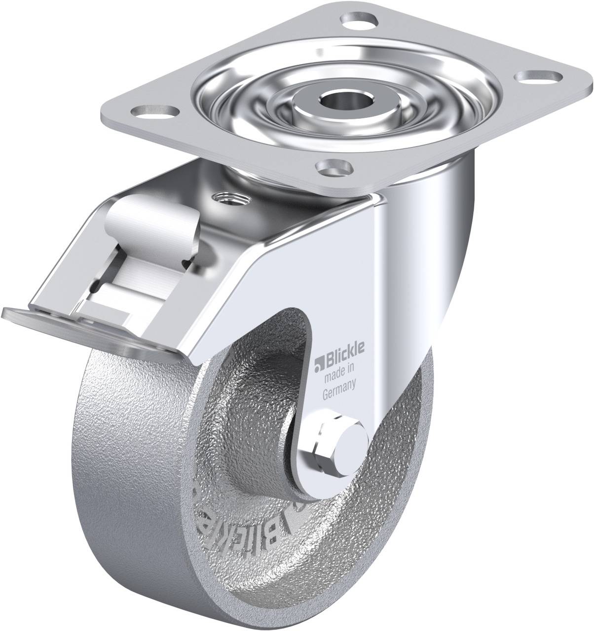 Metallisches Möbel-Lenkrolle mit festem Gehäuse, silberfarben, kugelgelagert. Ideal für schwere Apparaturen und Maschinen.