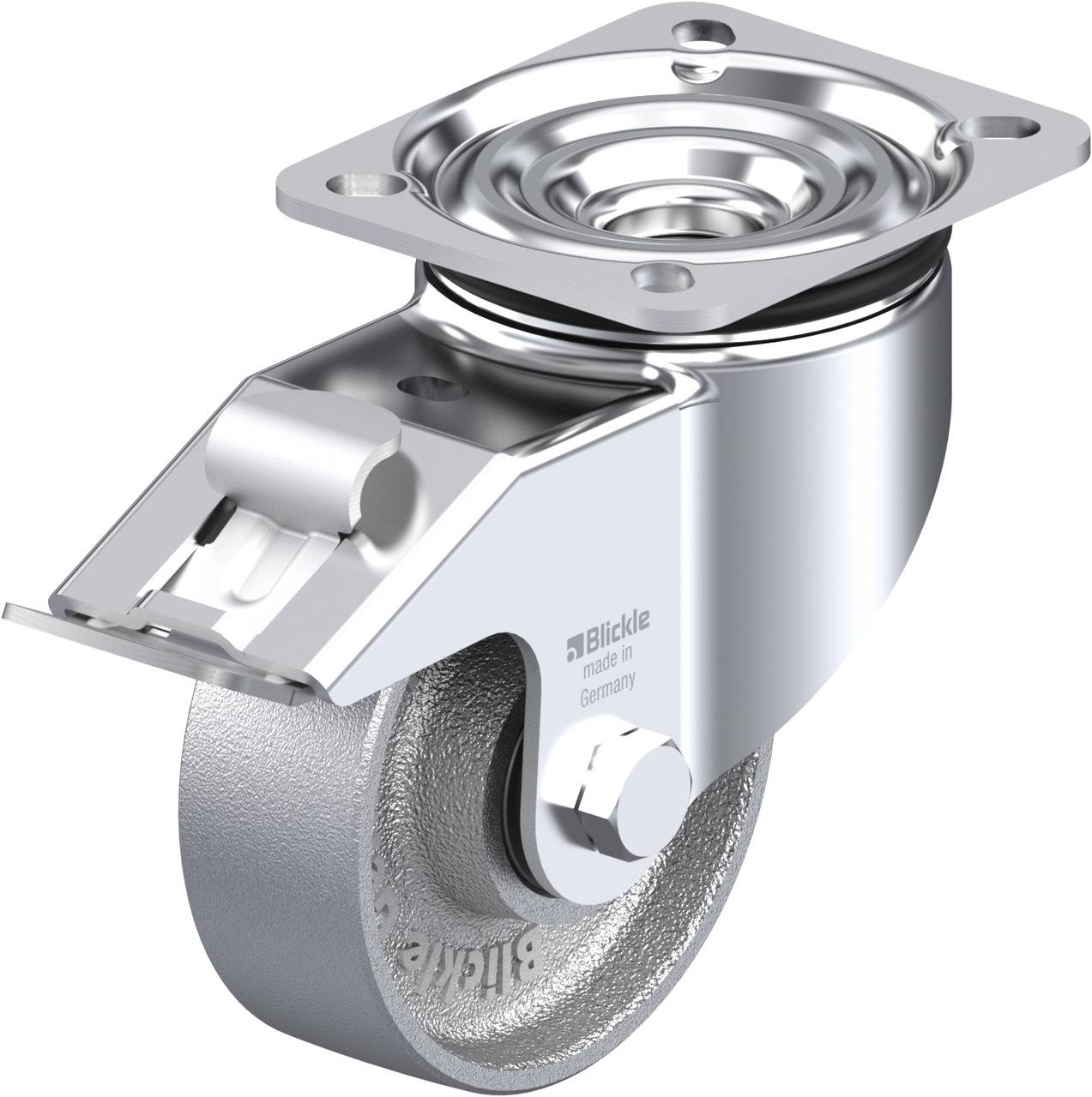 Industrielle Lenkrolle aus Metall mit grauem Rad und Befestigungsplatte, geeignet für schwere Lasten.