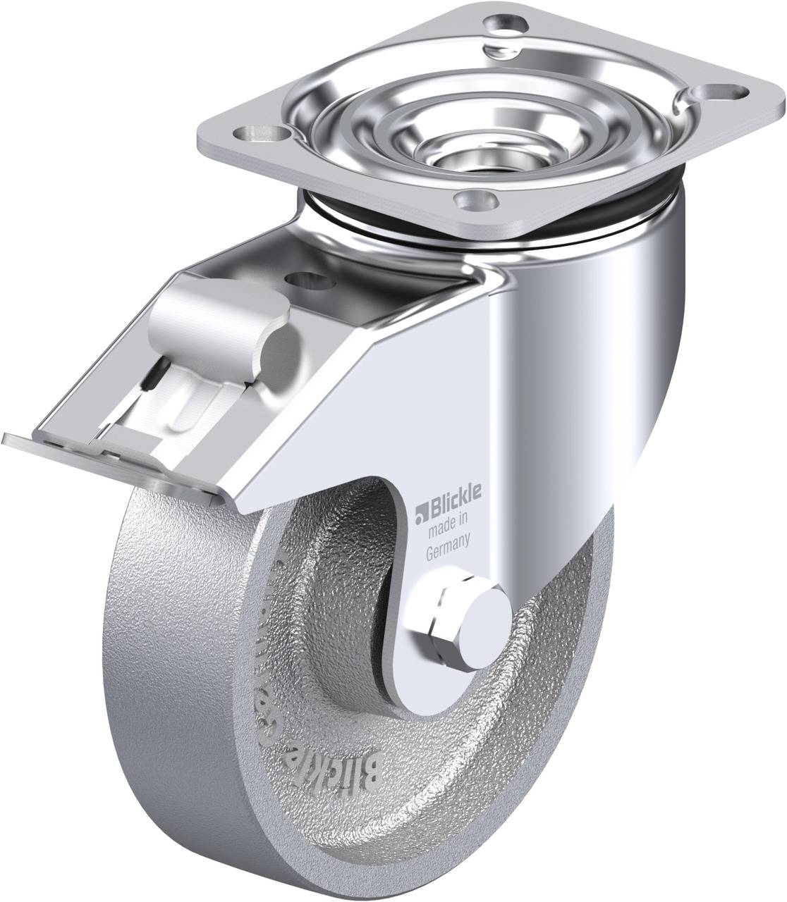 Metallisches Schwenkrollengehäuse mit grauem Rad und Befestigungsplatte. Markenname sichtbar.