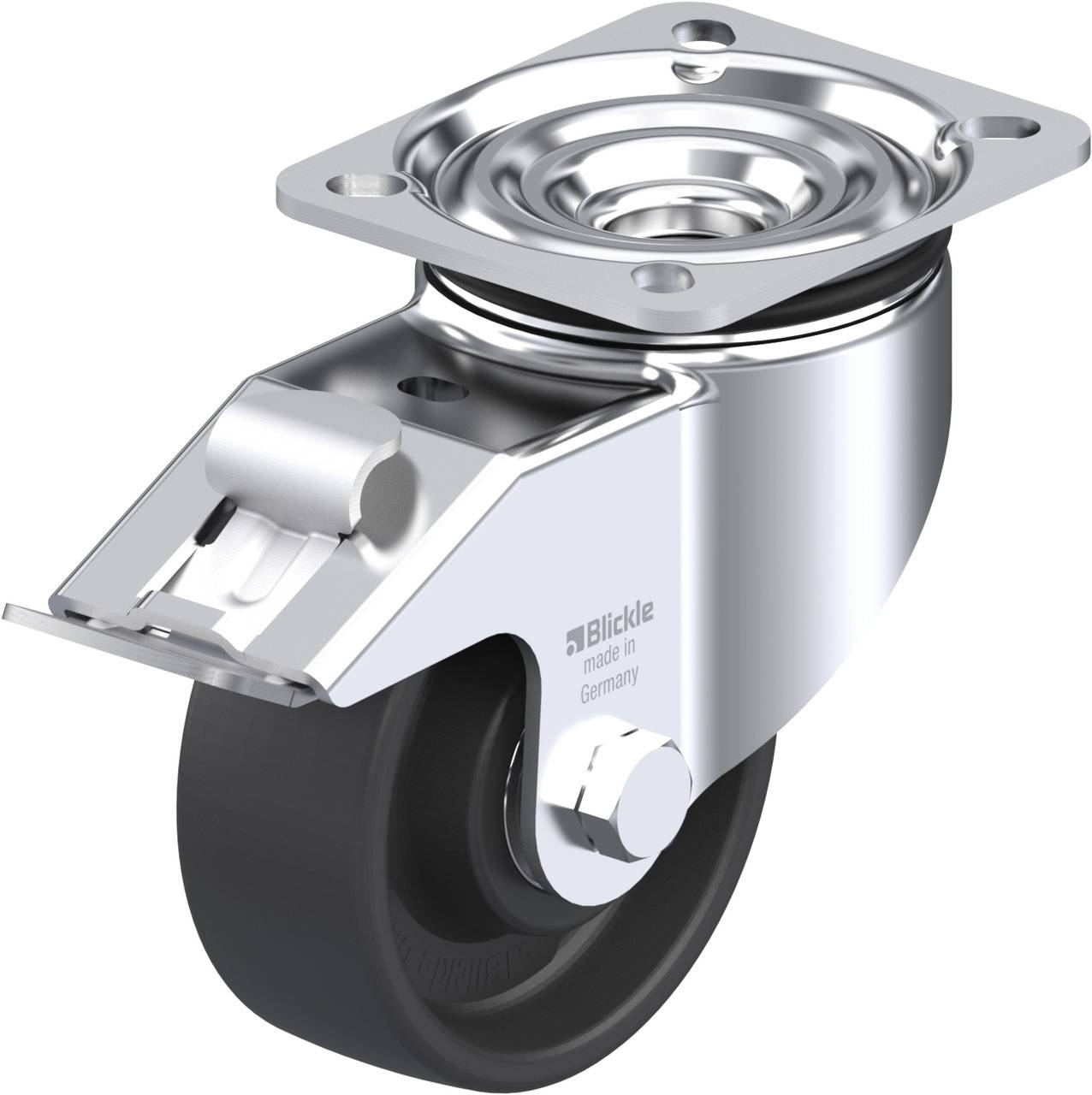 Schwenkrolle aus Metall und Kunststoff mit schwarzem Rad, befestigt an einer rechteckigen Montageplatte, geeignet für Möbel oder Geräte.