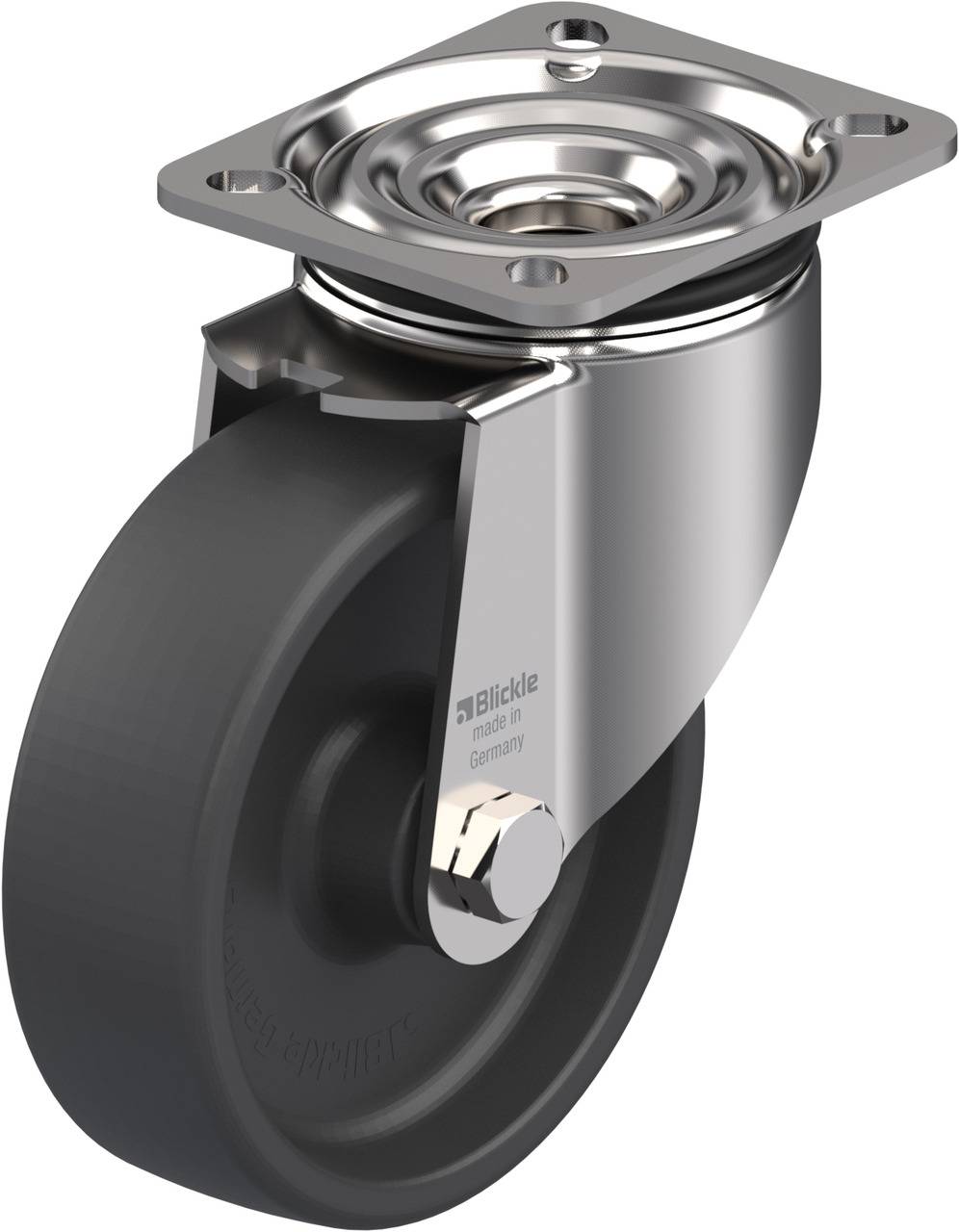 Ein schwarzes Rad mit silbernem Metallgehäuse, geeignet zur Montage unter Möbel oder Geräten für Mobilität und Unterstützung.