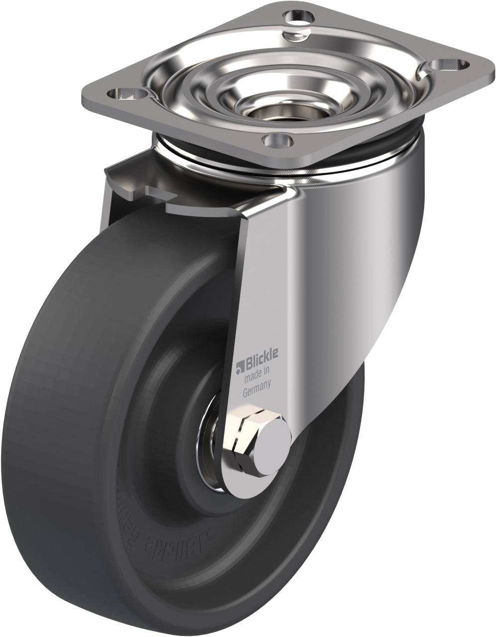 Eine drehbare Laufrolle aus Metall und Gummi, geeignet für Transportwagen oder Möbel, mit Schraubbefestigung oben.